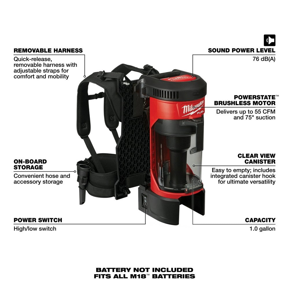 Milwaukee 0885-20 M18 FUEL 3-in-1 Backpack Vacuum