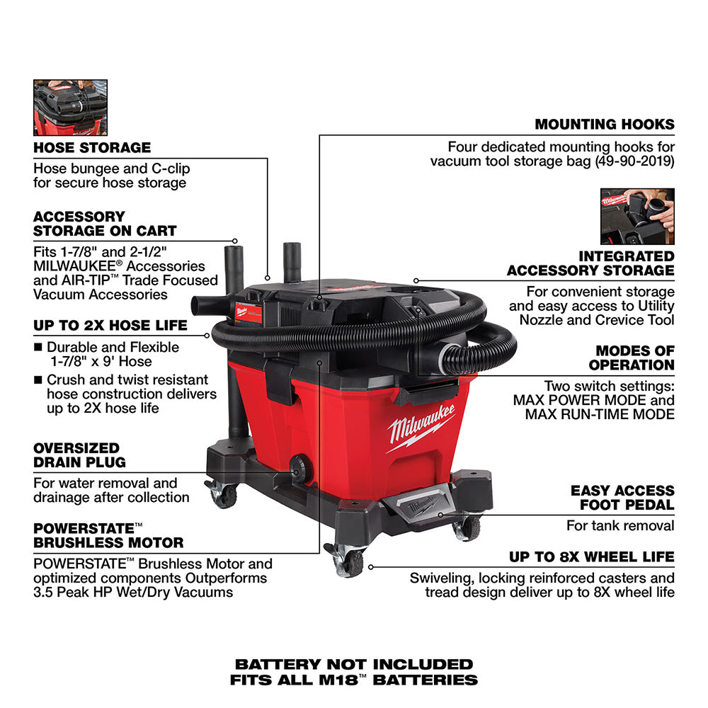 Milwaukee 0910-20 M18 FUEL 6 Gallon Wet/Dry Vacuum, Bare Tool