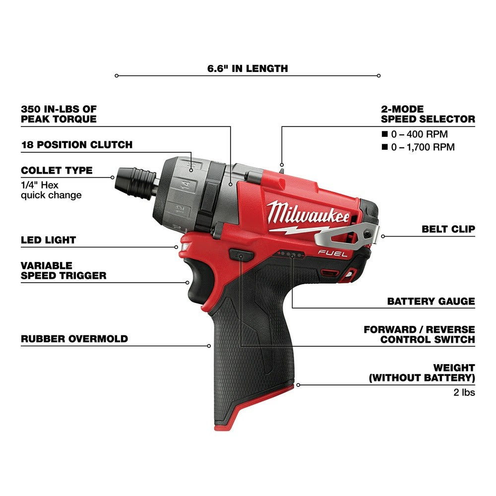 Milwaukee 2402-20 M12 FUEL 1/4 Hex 2-Speed Screwdriver, Bare Tool