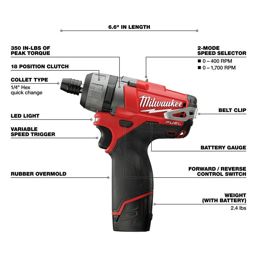 Milwaukee 2402-22 M12 FUEL 1/4 Hex 2-Speed Screwdriver Kit