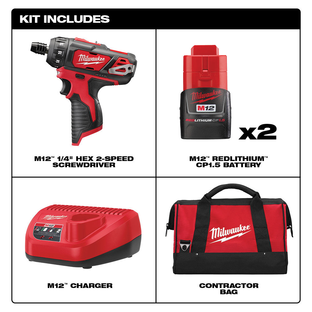 Milwaukee 2406-22 M12 1/4”  Hex 2 Speed Screwdriver Kit