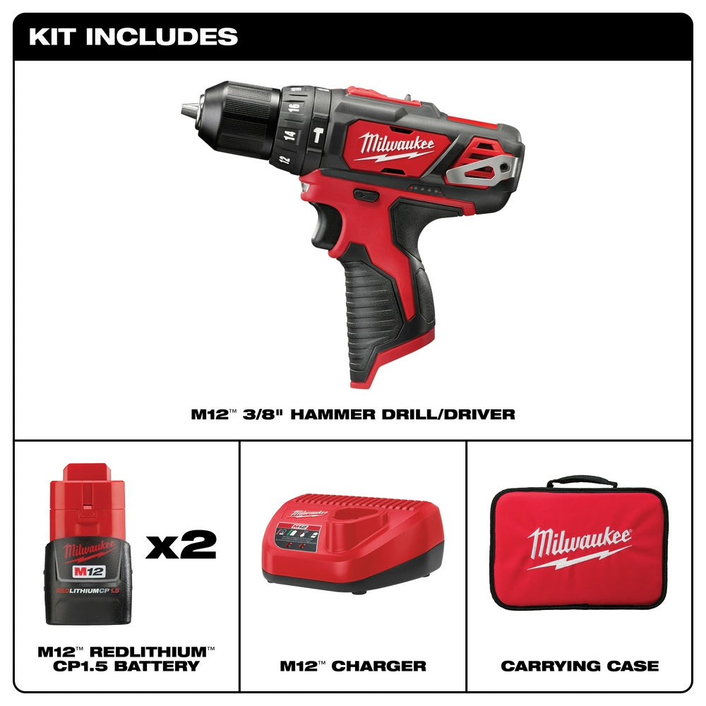 Milwaukee 2408-22 M12 3/8” Hmr Drill/Driver Kit