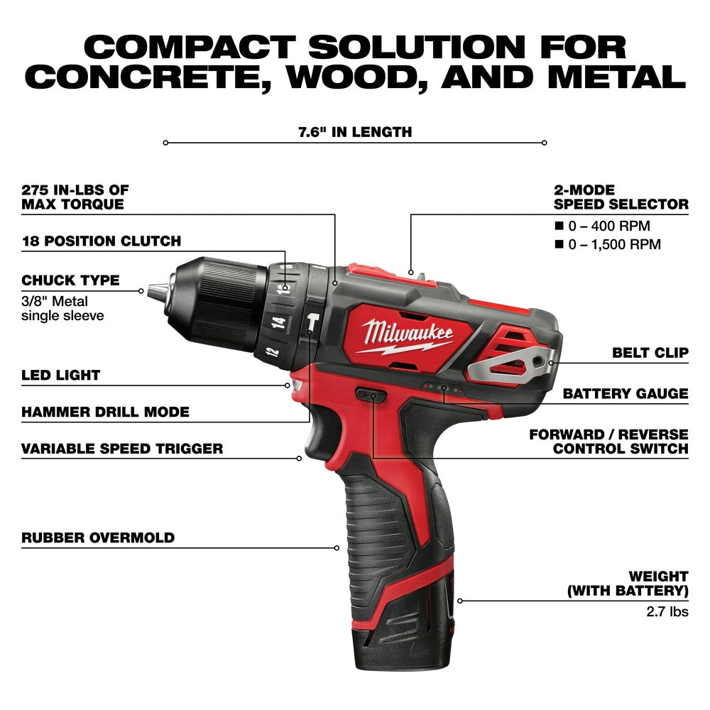 Milwaukee 2408-22 M12 3/8” Hammer Drill/Driver Kit