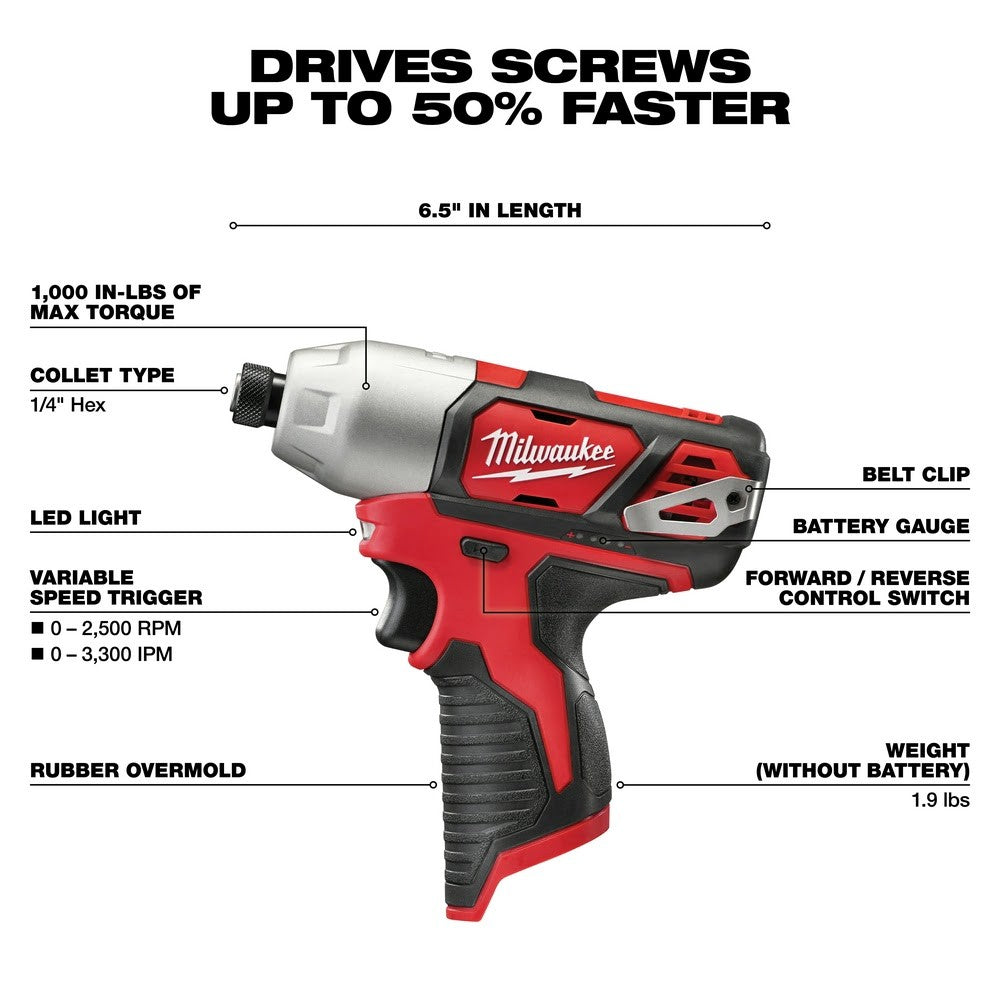 Milwaukee 2462-22 M12 1/4 Hex Impact Driver Kit