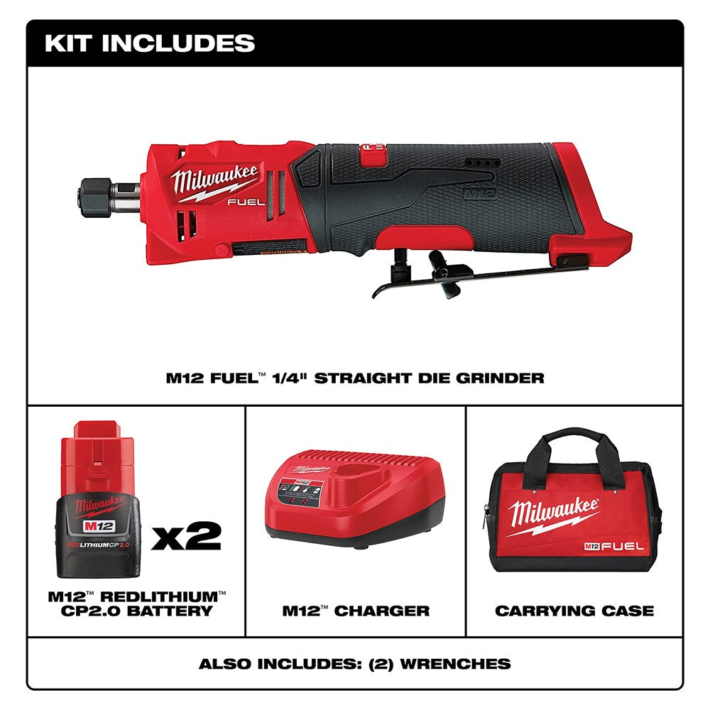 Milwaukee 2486-22 M12 FUEL Straight Die Grinder, 2 Battery Kit