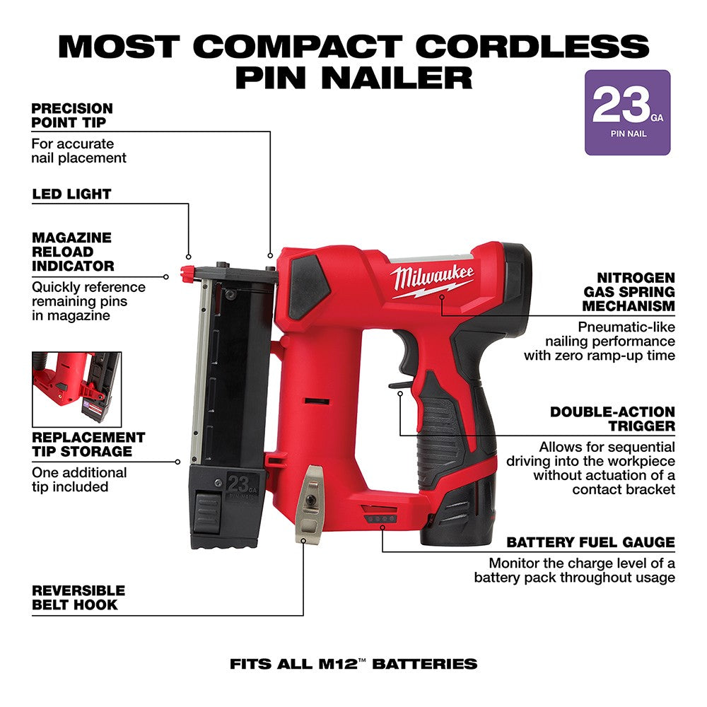 Milwaukee 2540-21 M12™ 23 Gauge Pin Nailer Kit