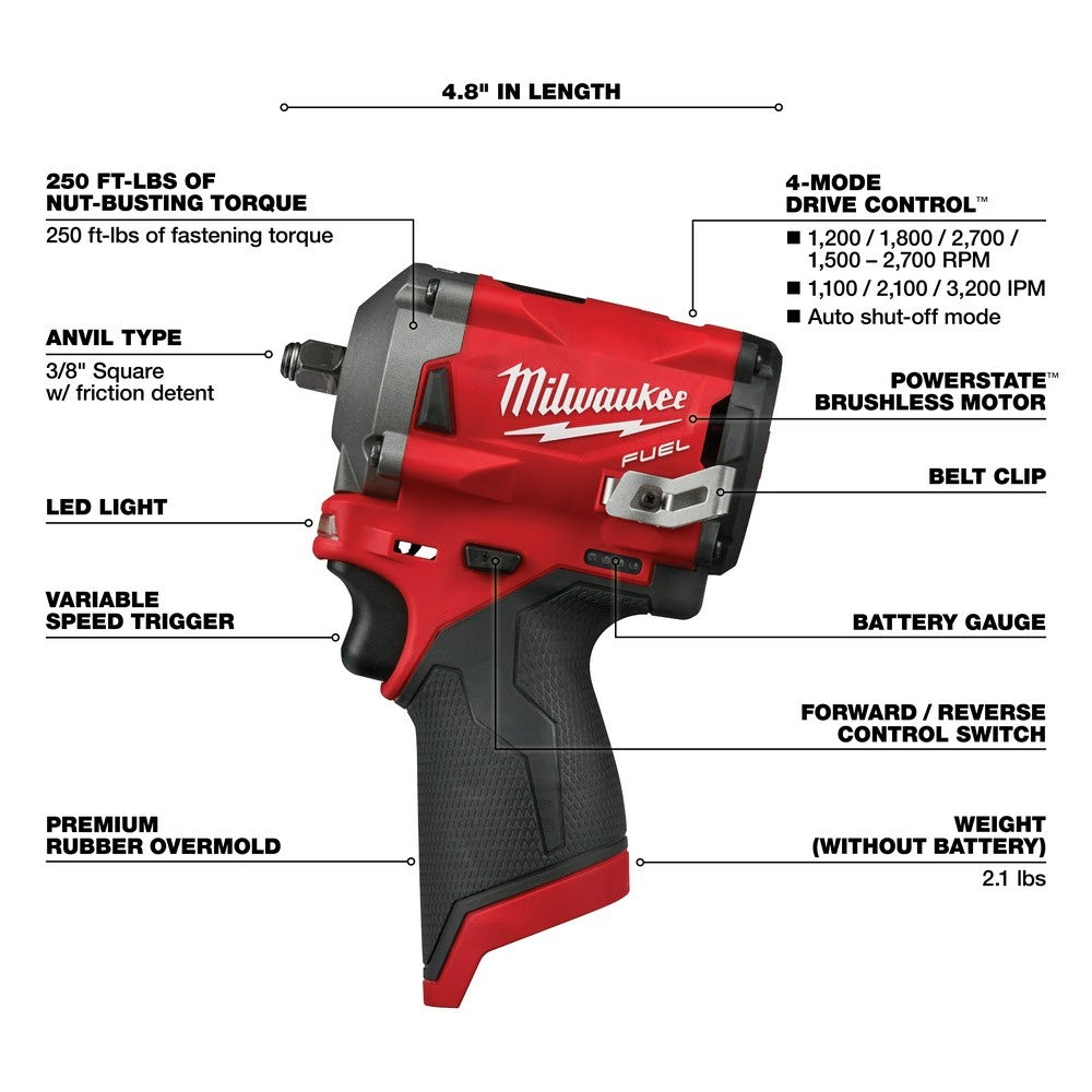 Milwaukee 2552-20 M12 FUEL Stubby 1/4 Impact Wrench, Bare Tool