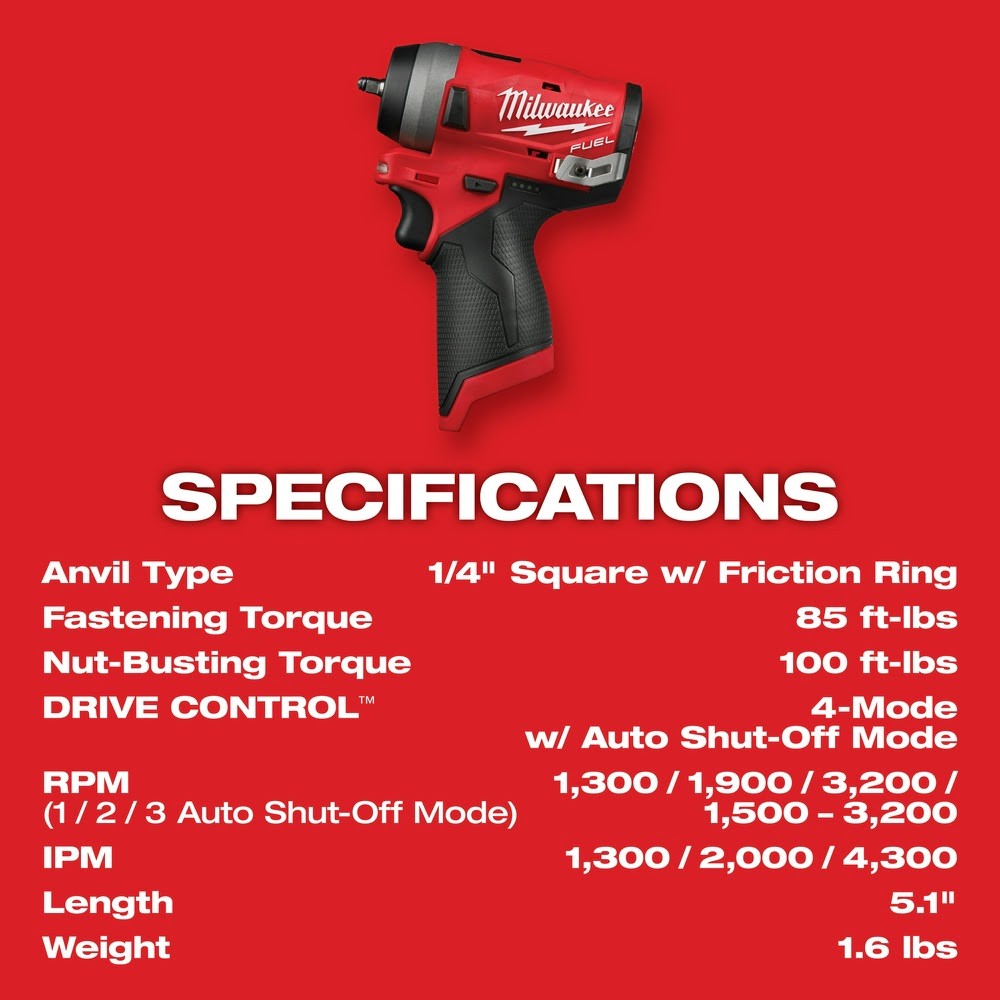 Milwaukee 2552-20 M12 FUEL Stubby 1/4 Impact Wrench, Bare Tool