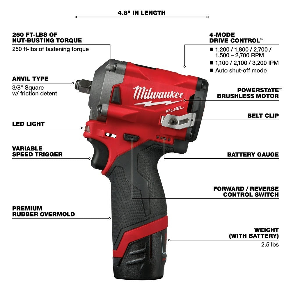 Milwaukee 2554-22 M12 FUEL Stubby 3/8 Impact Wrench Kit