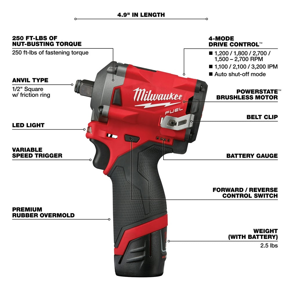 Milwaukee 2555-22 M12 FUEL Stubby 1/2 Impact Wrench Kit