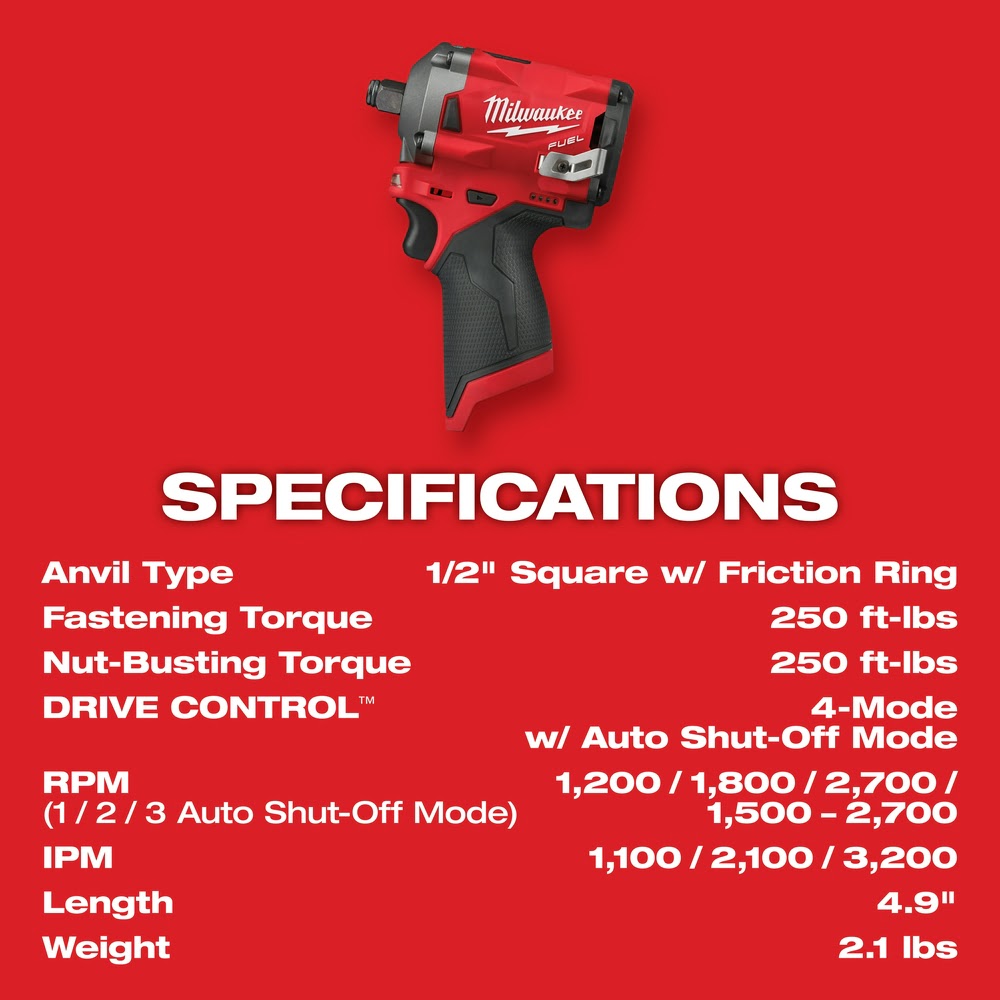 Milwaukee 2555-22 M12 FUEL Stubby 1/2 Impact Wrench Kit