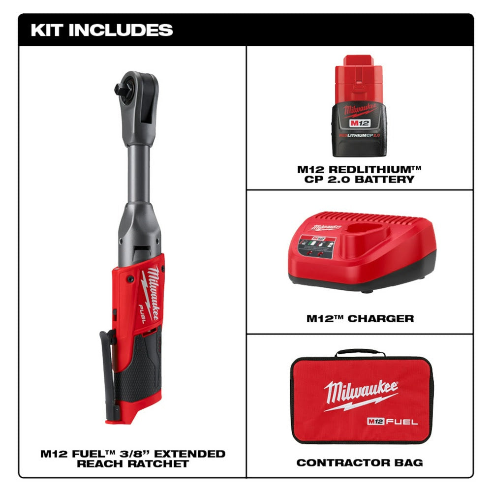 Milwaukee 2560-21 M12 FUEL 3/8 Extended Reach Ratchet 1 Battery Kit