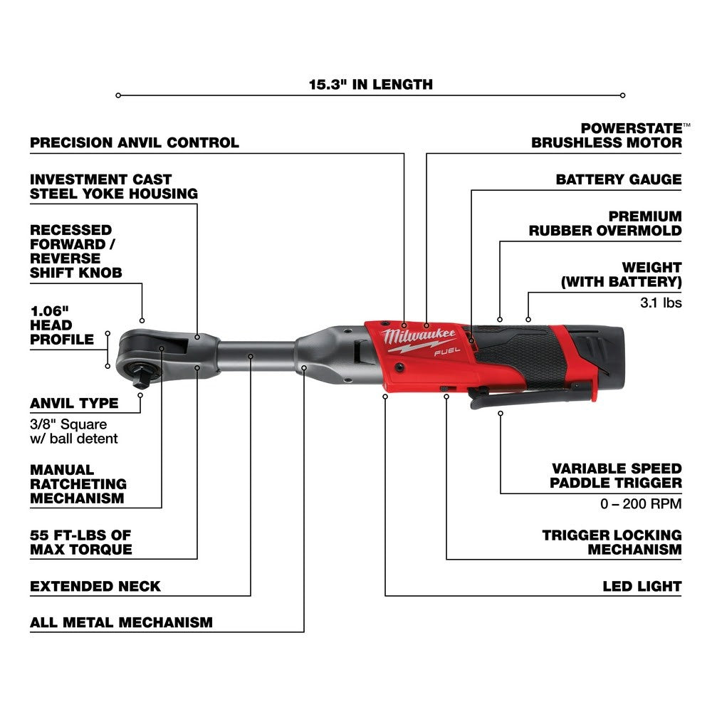 Milwaukee 2560-21 M12 FUEL 3/8 Extended Reach Ratchet 1 Battery Kit