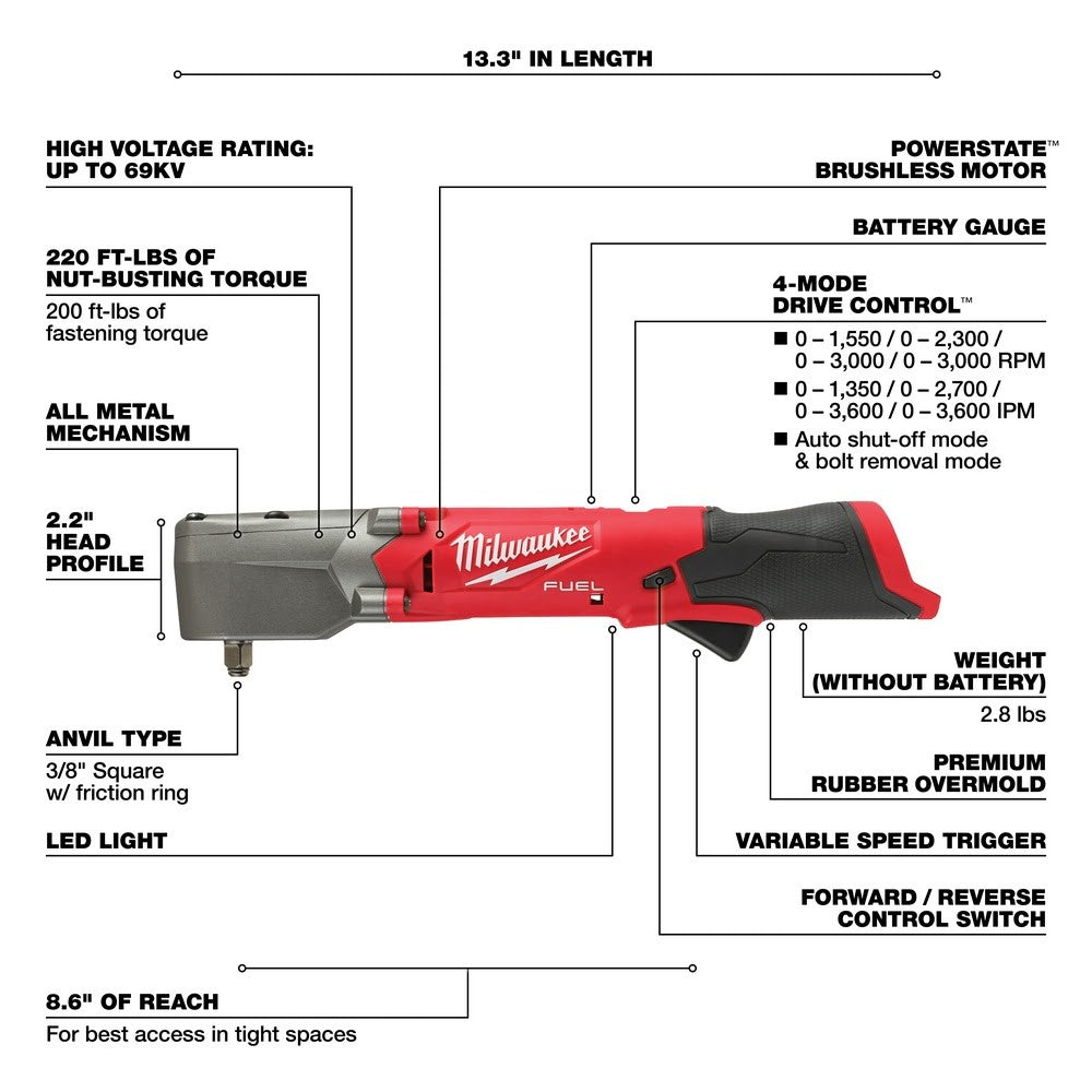 Milwaukee 2564-20 M12 FUEL 3/8 Right Angle Impact Wrench w/ Friction Ring, Bare Tool