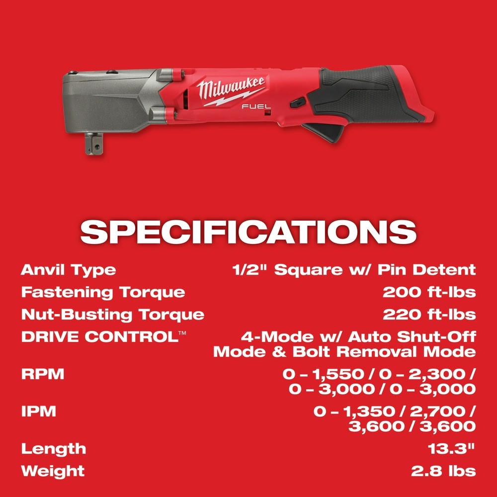 Milwaukee 2565P-20 M12 FUEL 1/2 Right Angle Impact Wrench w/ Pin Detent, Bare Tool