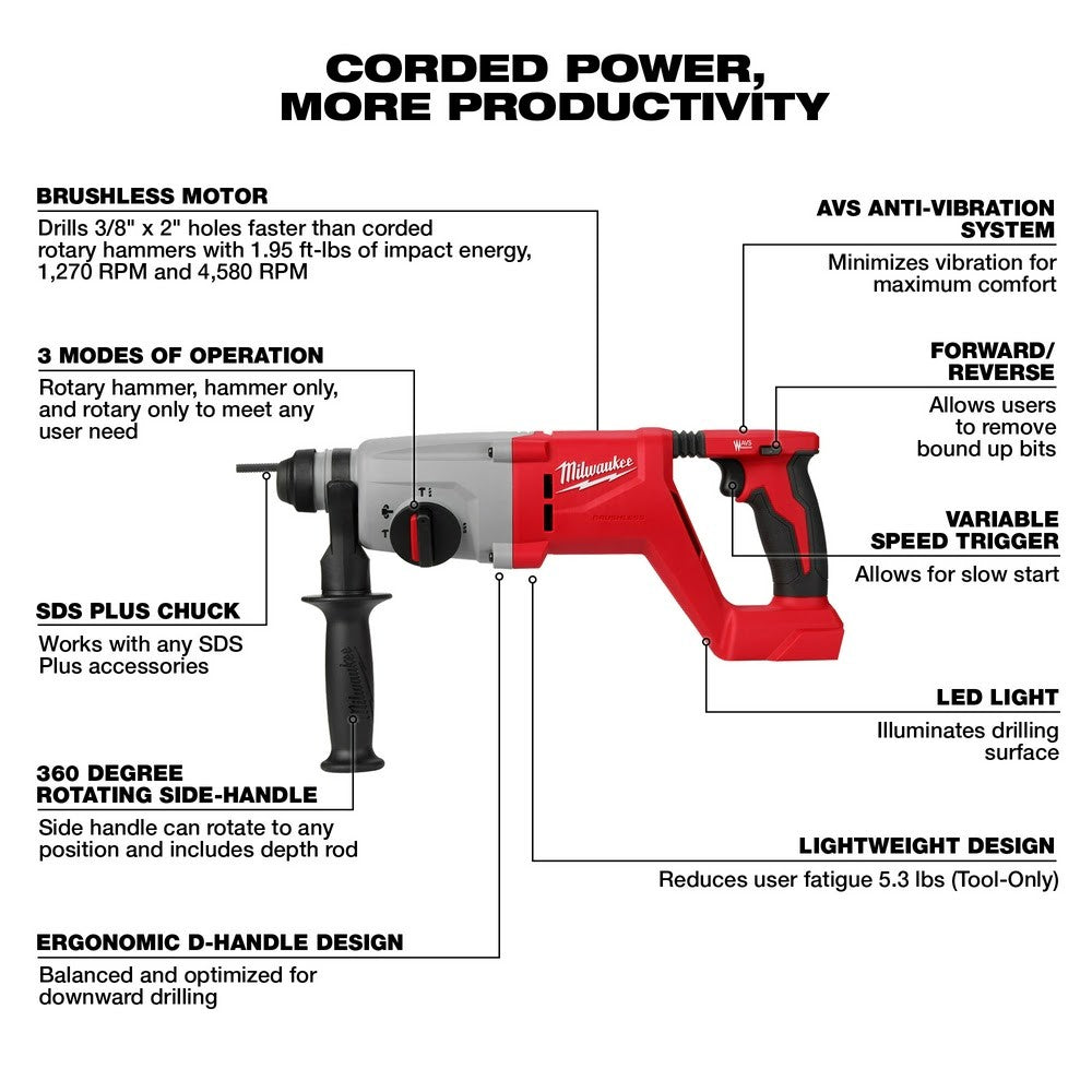 Milwaukee 2613-20 M18 Brushless 1 SDS Plus D-Handle Rotary Hammer, Bare