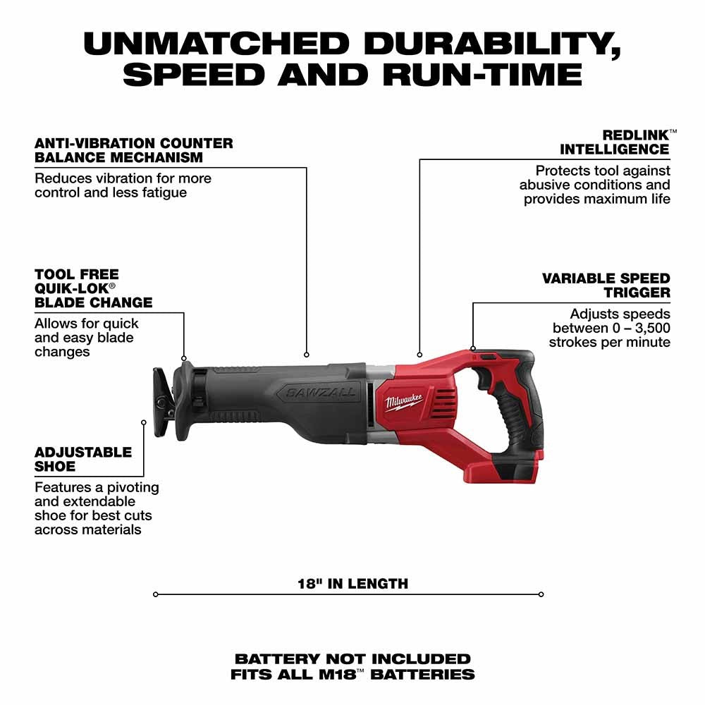 Milwaukee 2621-20 M18 SAWZALL Reciprocating Saw, Bare Tool