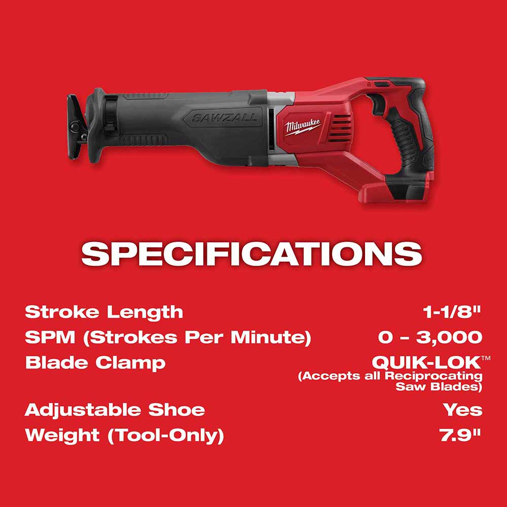 Milwaukee 2621-20 M18 SAWZALL Reciprocating Saw, Bare Tool