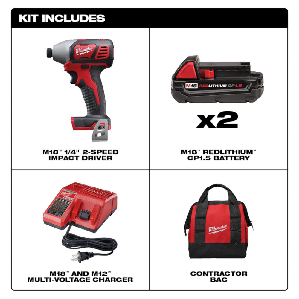 Milwaukee 2656-22CT M18 Cordless 1/4 Hex Impact Driver Tool Kit