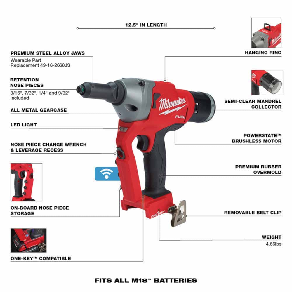 Milwaukee 2660-20 M18 FUEL™ 1/4 Blind Rivet Tool w/ ONE-KEY™ Bare Tool