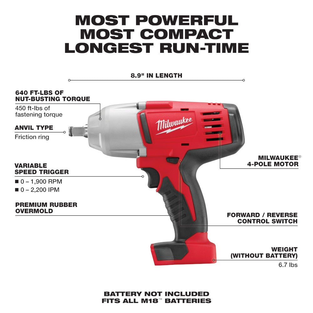 Milwaukee 2663-20 M18 1/2 High Torque Impact Wrench w/ Friction Ring, Bare Tool