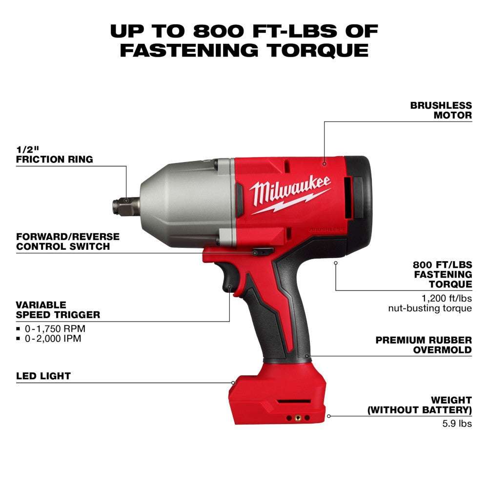 Milwaukee 2666-20 M18 Brushless 1/2 High Torque Impact Wrench w/ Friction Ring, Bare