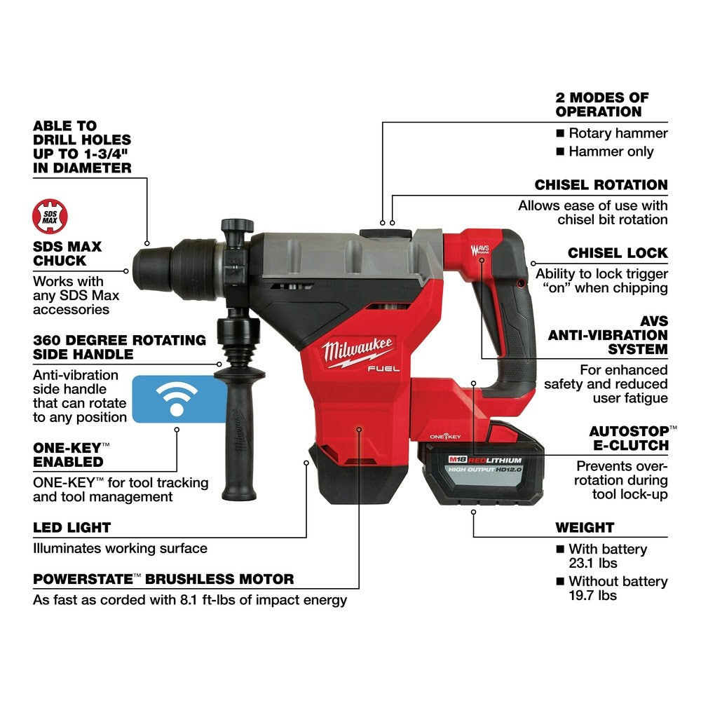 Milwaukee 2718-22HD M18 FUEL 1-3/4 SDS MAX Rotary Hammer ONE KEY Kit 2-Battery