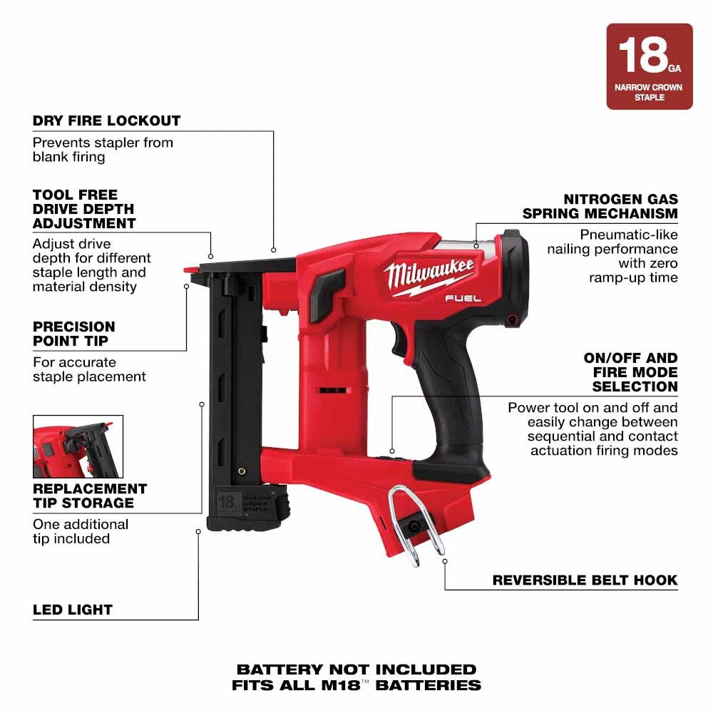 Milwaukee 2749-20 M18 FUEL 18GA 1/4 Narrow Crown Stapler, Tool Only