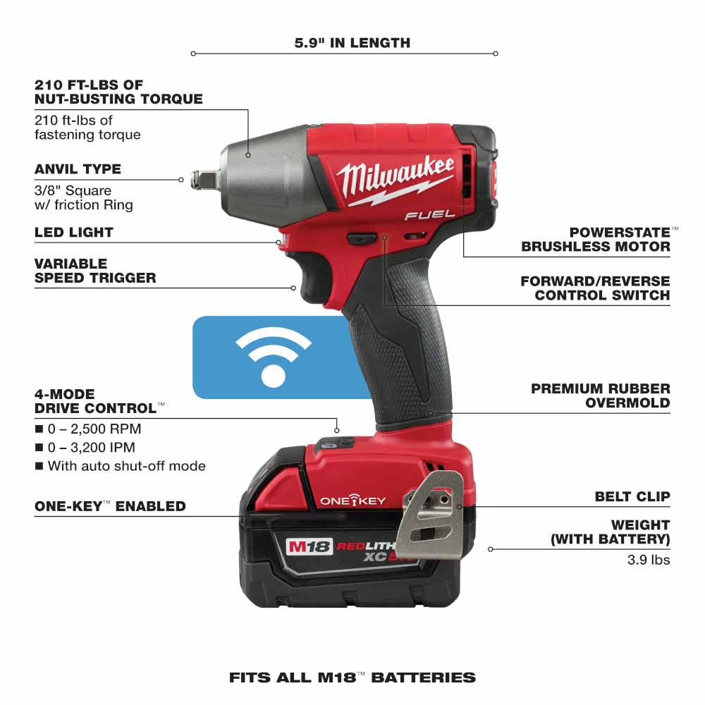 Milwaukee 2758-22 M18 FUEL 3/8 Compact Impact Wrench with Friction Ring with ONE-KEY Kit