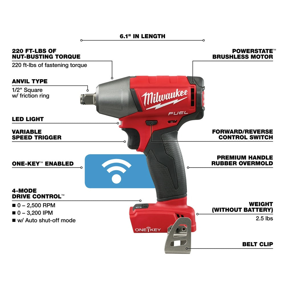 Milwaukee 2759B-20 M18 FUEL 1/2 Compact Impact Wrench with Friction Ring with ONE-KEY (Bare Tool)