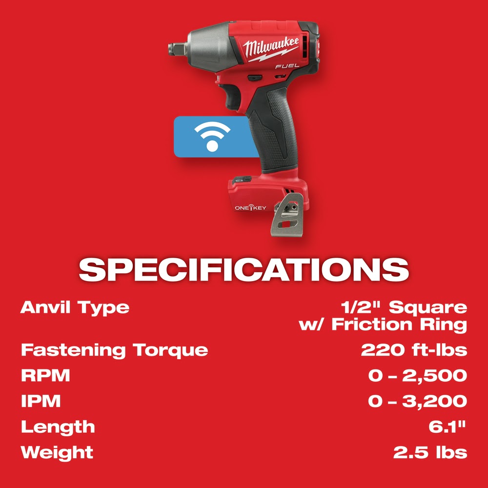 Milwaukee 2759B-20 M18 FUEL 1/2 Compact Impact Wrench with Friction Ring with ONE-KEY (Bare Tool)