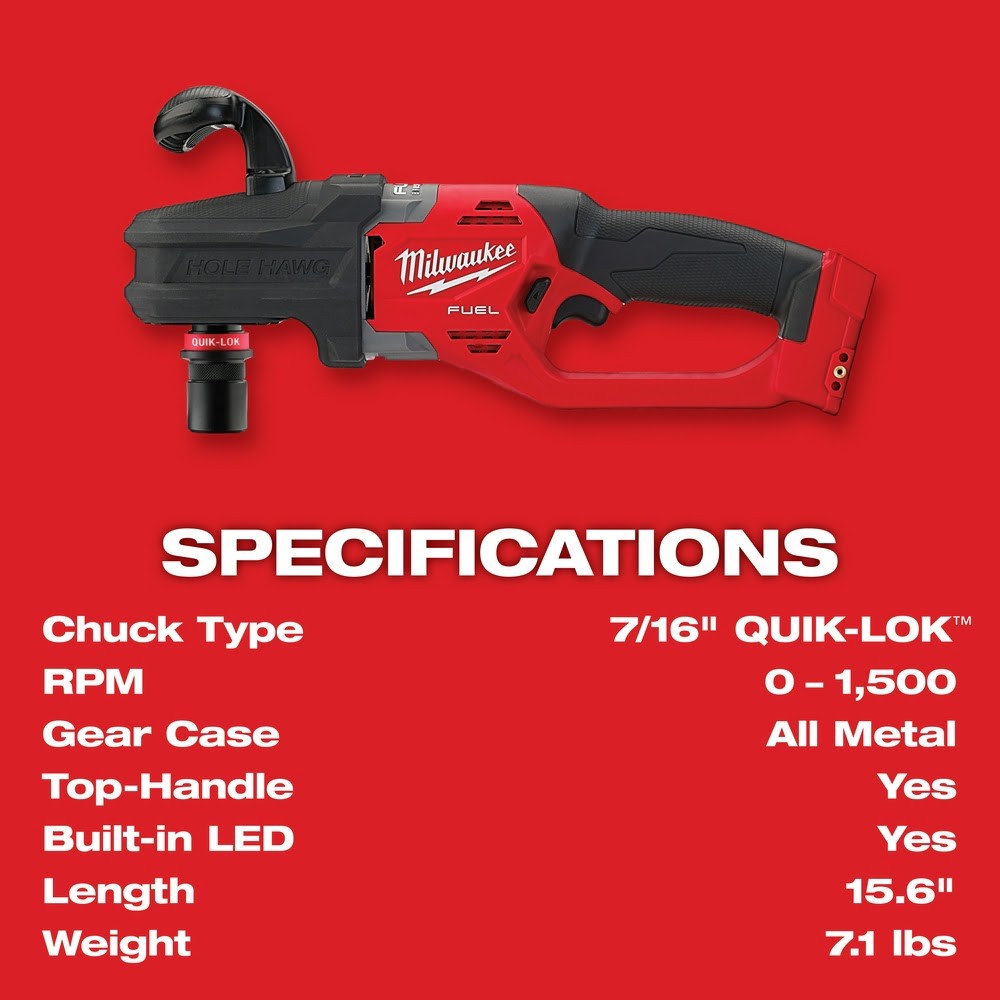 Milwaukee 2808-20 M18 FUEL Hole Hawg Right Angle Drill w/ Quik-Lok, Bare Tool