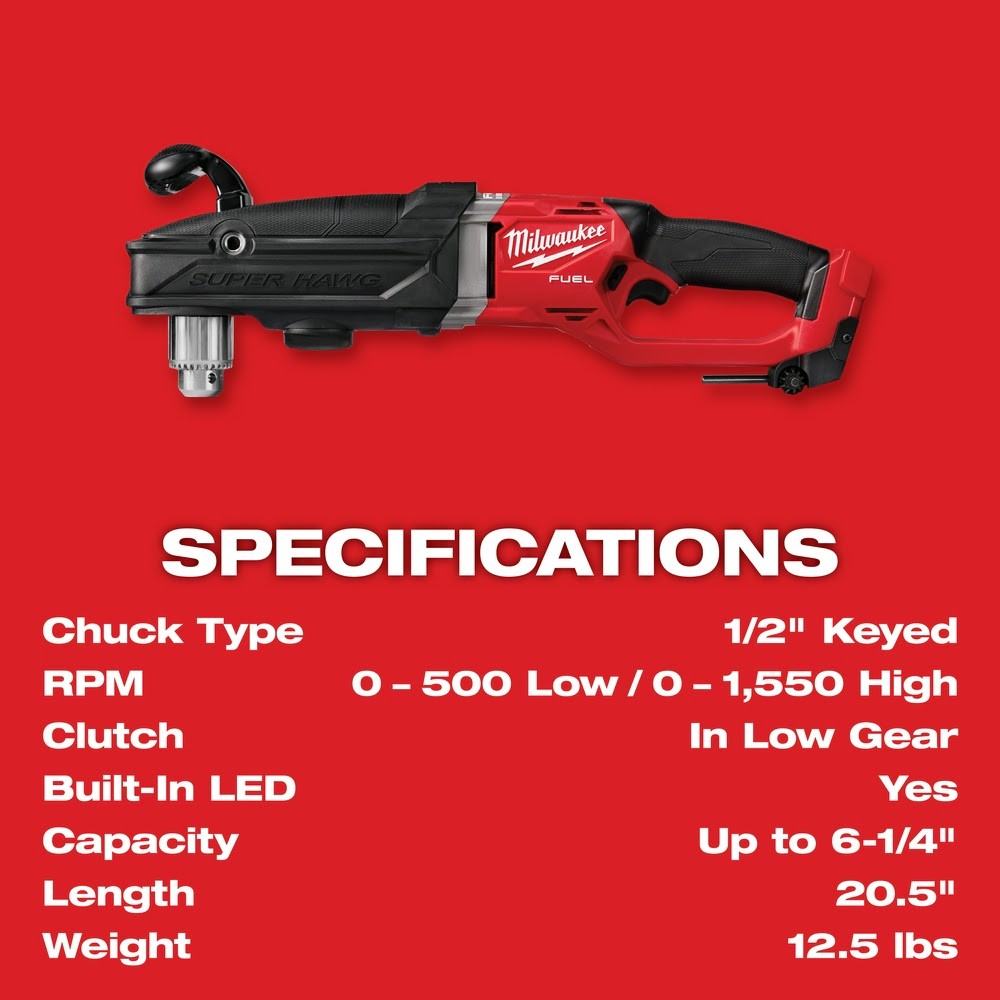 Milwaukee 2809-20 M18 FUEL Super Hawg 1/2 Right Angle Drill, Bare Tool