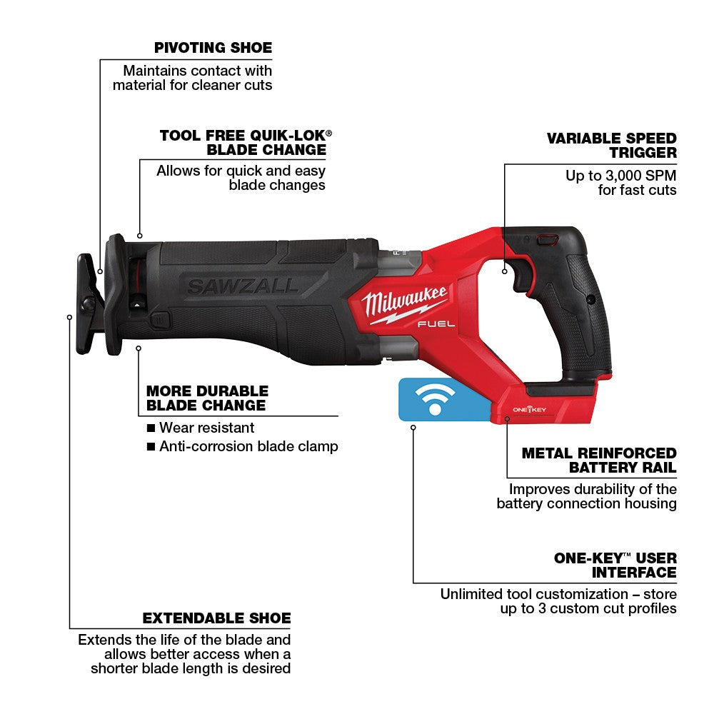 Milwaukee  2822-20 M18 FUEL™ SAWZALL® Recip Saw w/ One-Key™, Bare Tool