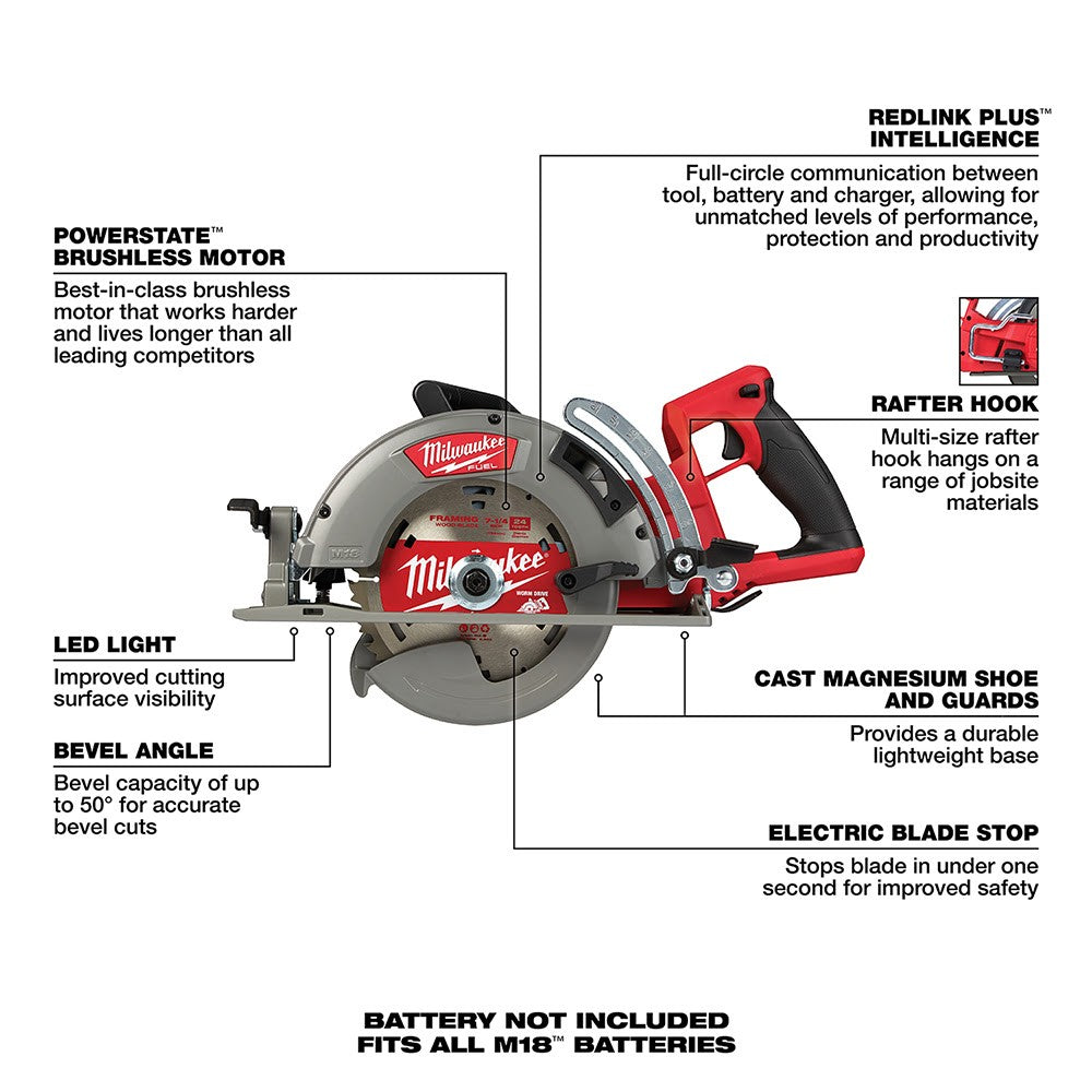 Milwaukee 2830-20 M18 FUEL Rear Handle 7-1/4 Circular Saw, Tool Only