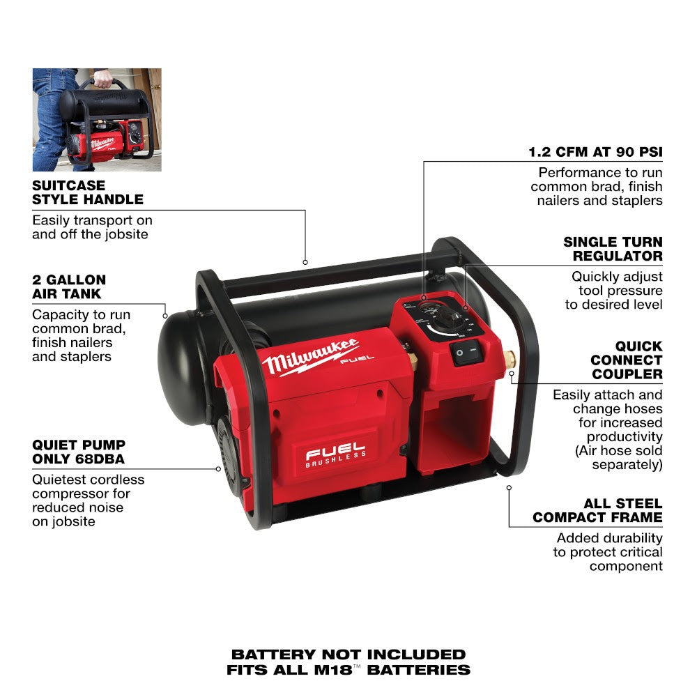 Milwaukee 2840-20 M18 FUEL 2 Gallon Compact Quiet Compressor, Bare Tool