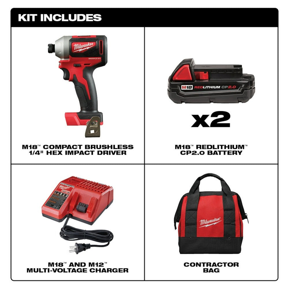 Milwaukee 2850-22CT M18 Compact Brushless 1/4 Hex Impact Driver Kit