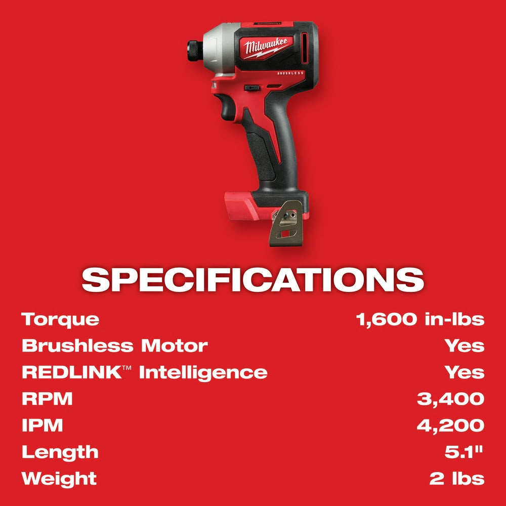 Milwaukee 2850-22CT M18 Compact Brushless 1/4 Hex Impact Driver Kit