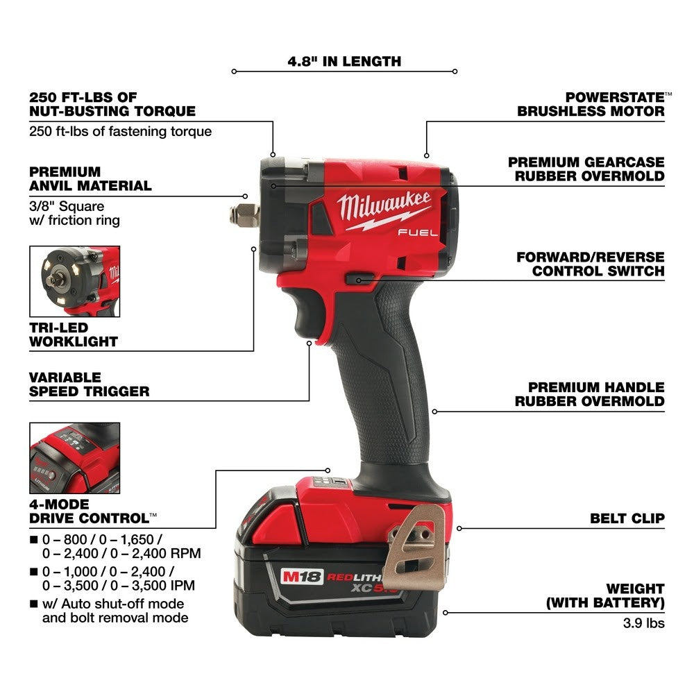 Milwaukee  2854-20 M18 FUEL™ 3/8 Compact Impact Wrench w/ Friction Ring, Bare Tool