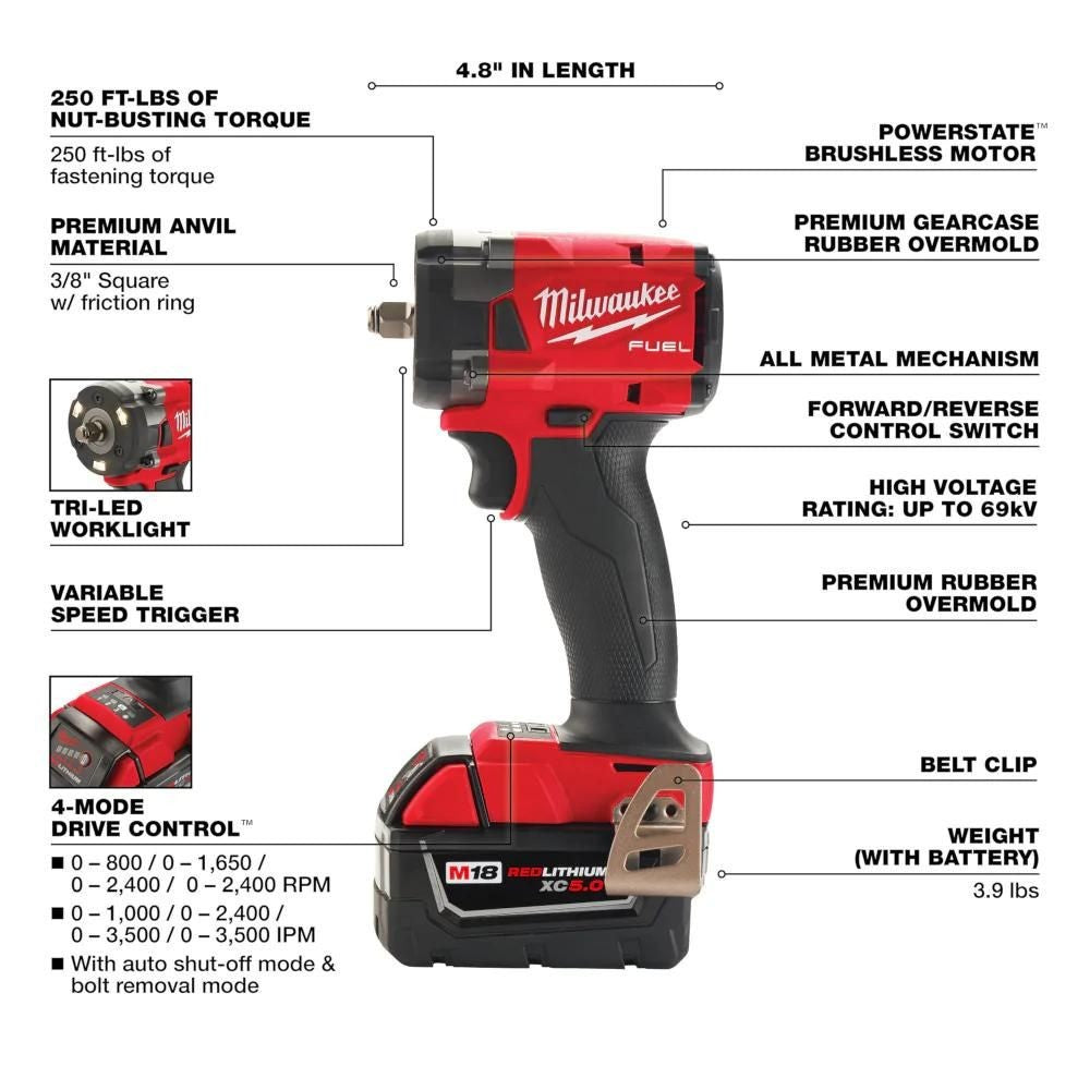 Milwaukee 2854-22R M18 FUEL 3/8 Compact Impact Wrench w/ Friction Ring Kit