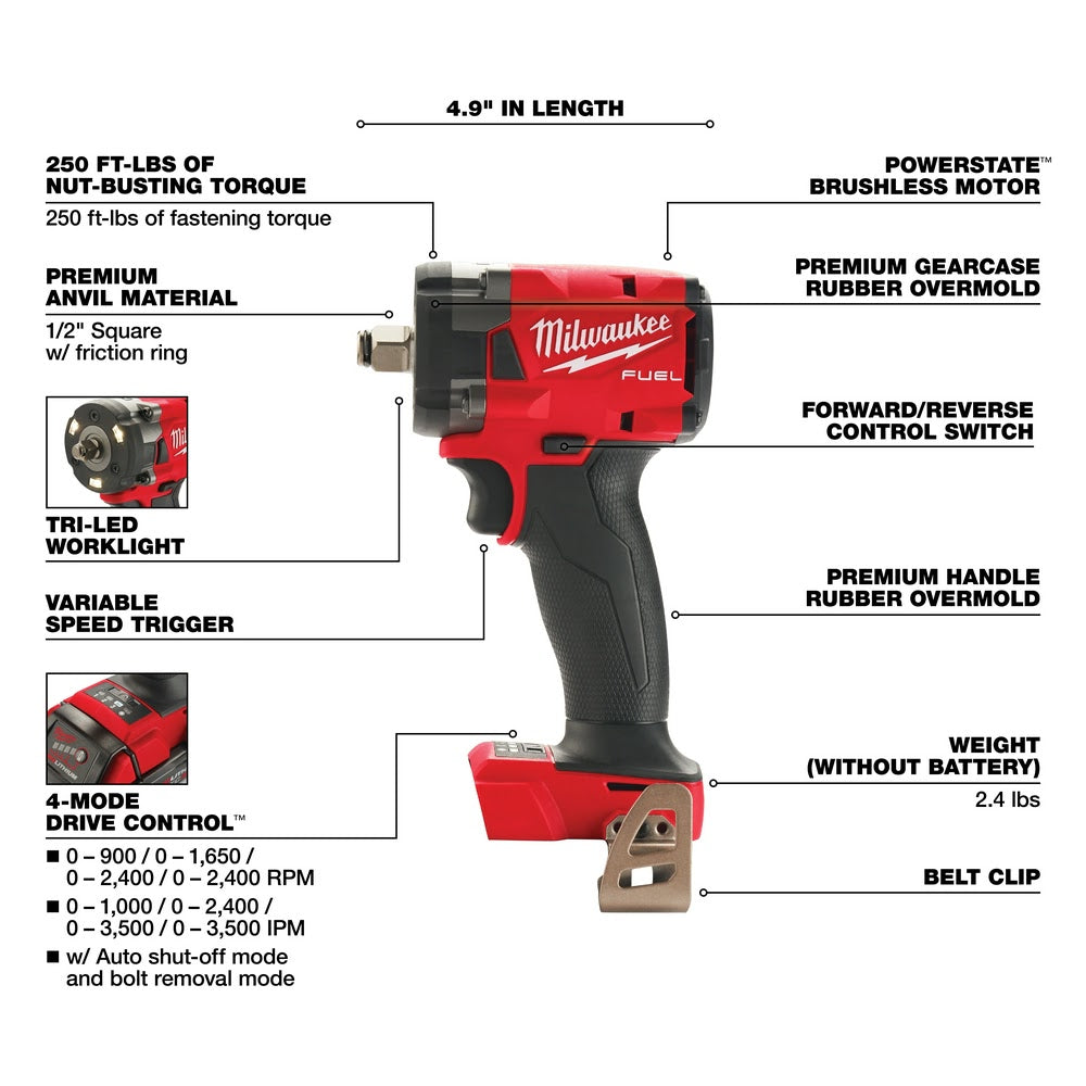 Milwaukee  2855-20  M18 FUEL™ 1/2  Compact Impact Wrench w/ Friction Ring Bare Tool