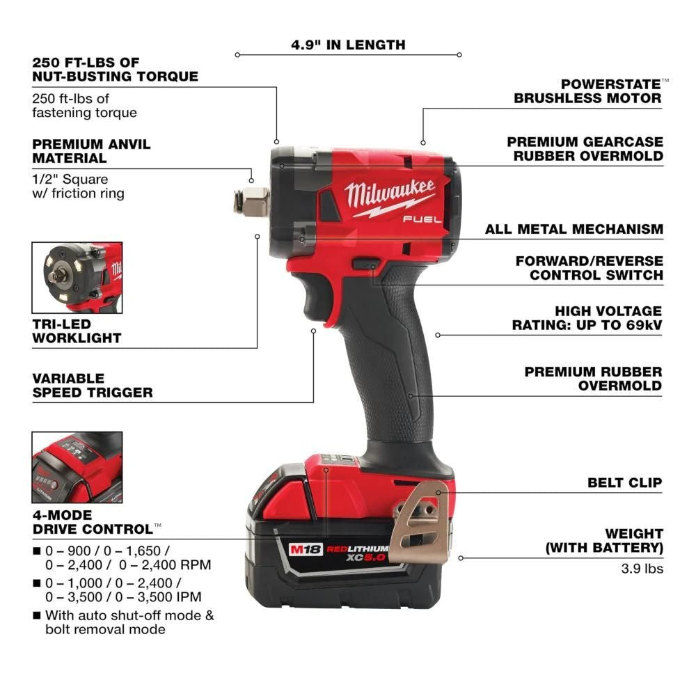 Milwaukee 2855-22R M18 FUEL 1/2 Compact Impact Wrench w/ Friction Ring Kit