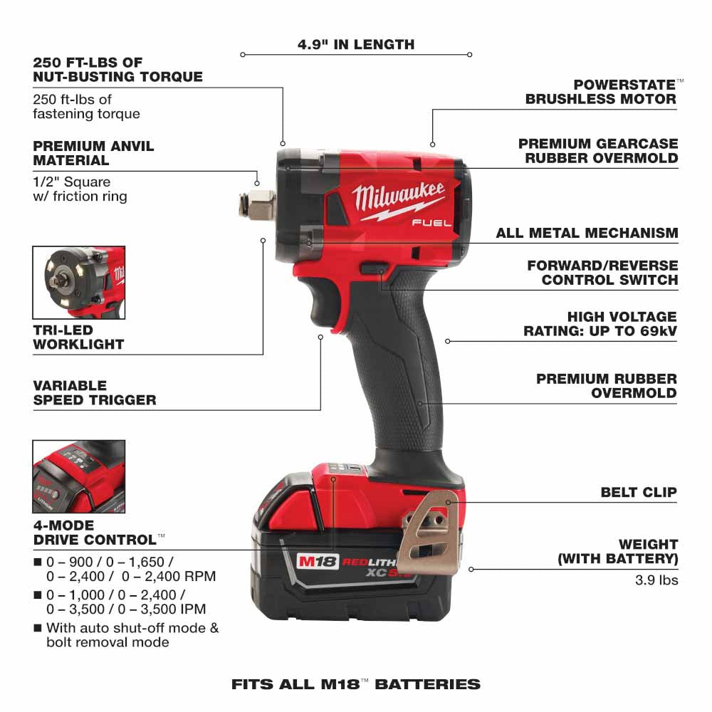 Milwaukee 2855-22 M18 FUEL™ 1/2 Compact Impact Wrench w/ Friction Ring Kit