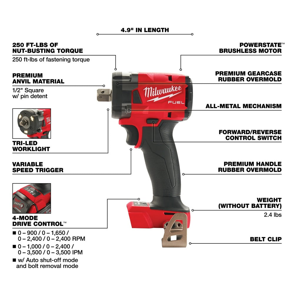 Milwaukee  2855P-20  M18 FUEL™ 1/2  Compact Impact Wrench w/ Pin Detent Bare Tool