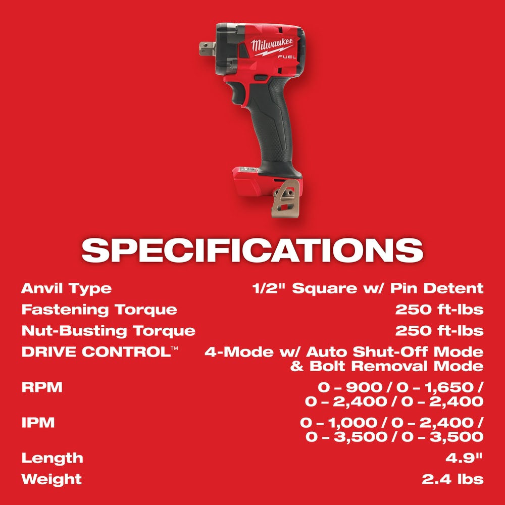 Milwaukee  2855P-20  M18 FUEL™ 1/2  Compact Impact Wrench w/ Pin Detent Bare Tool