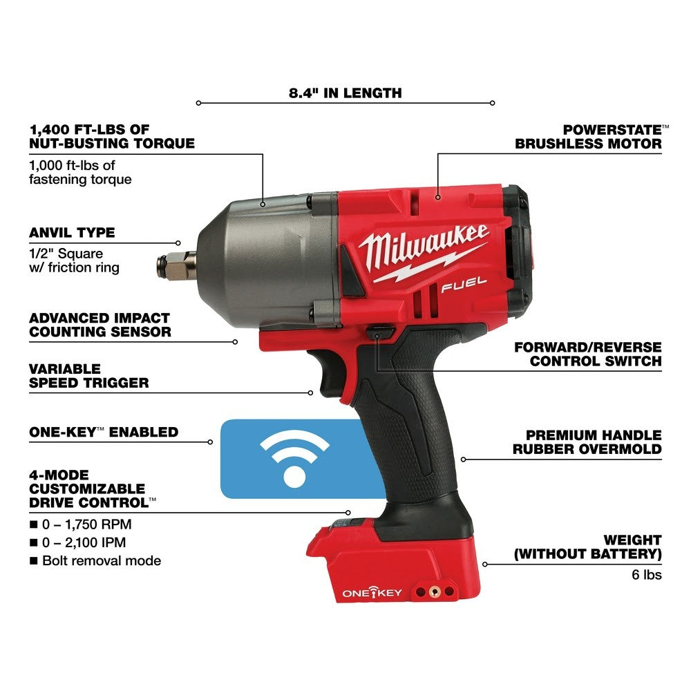 Milwaukee 2863-20 M18 FUEL ONE-KEY High Torque Impact Wrench 1/2 Friction Ring, Bare