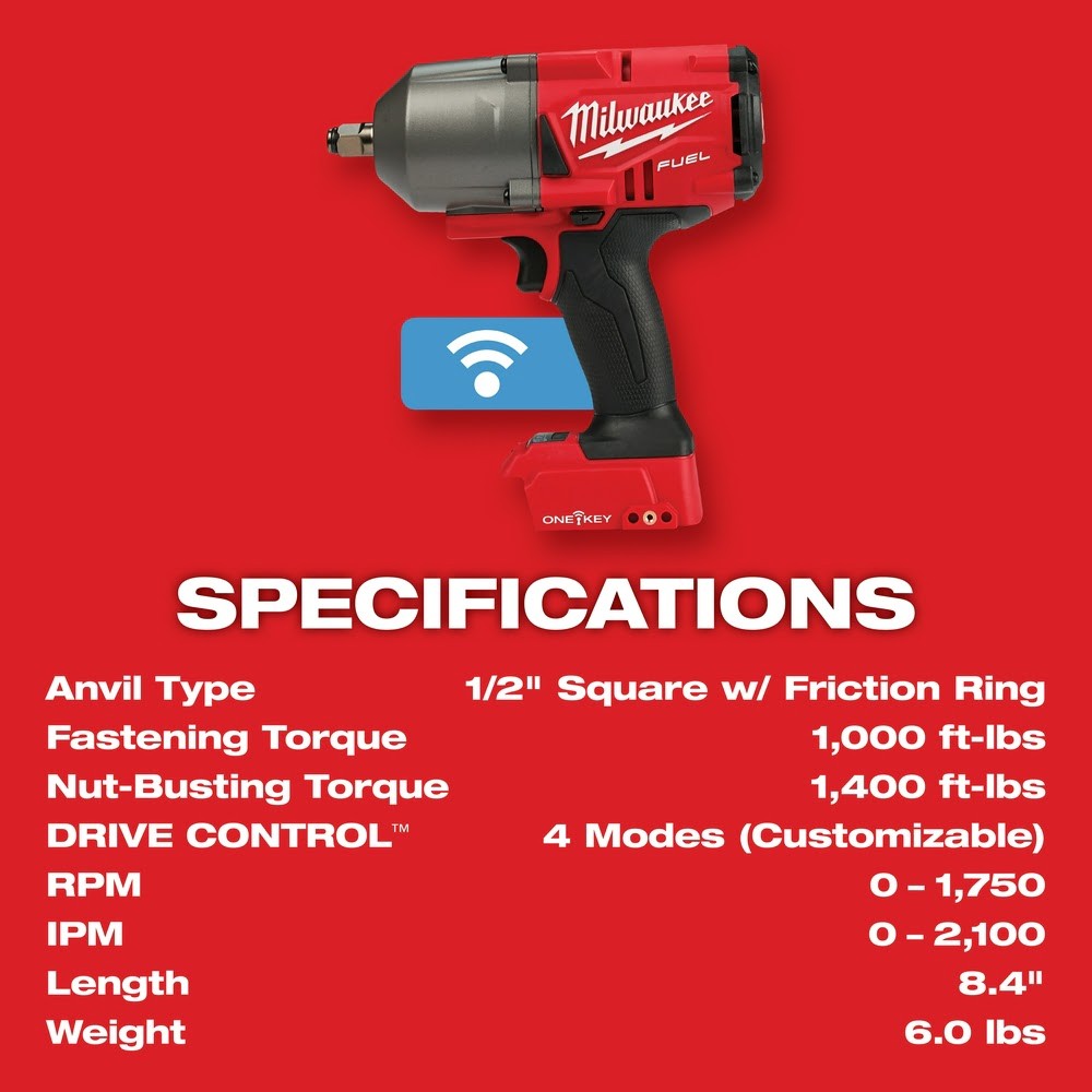 Milwaukee 2863-20 M18 FUEL ONE-KEY High Torque Impact Wrench 1/2 Friction Ring, Bare