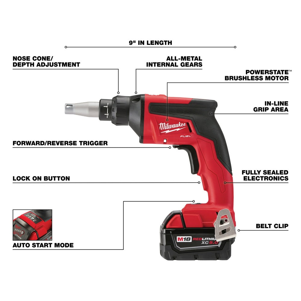 Milwaukee 2866-22 M18 FUEL Drywall Screw Gun Kit with High Capacity Batteries