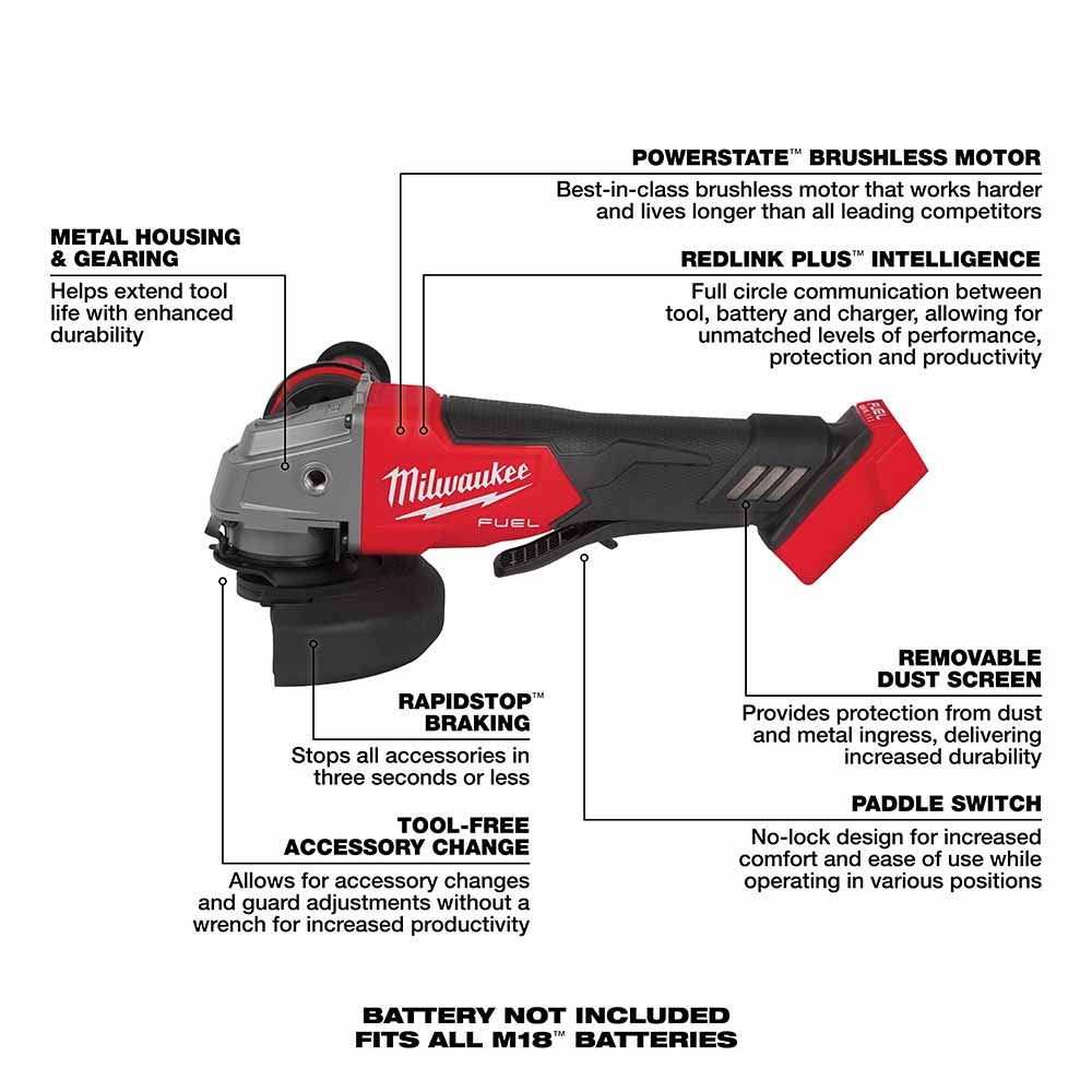 Milwaukee 2880-20 M18 FUEL™ 4-1/2/5 Grinder Paddle Switch, No-Lock, Bare Tool