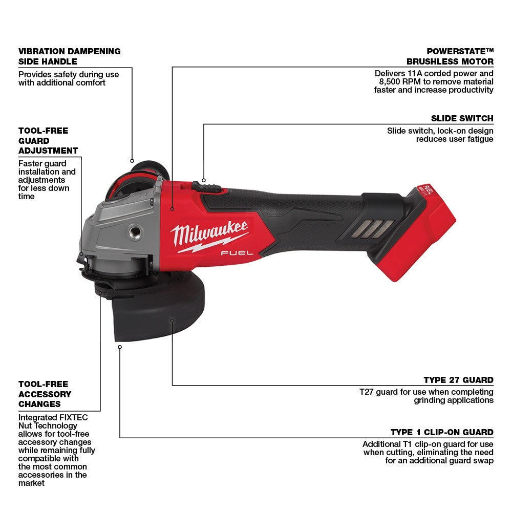 Milwaukee 2881-20 M18 FUEL™ 4-1/2/5 Grinder Slide Switch, Lock-On, Bare Tool